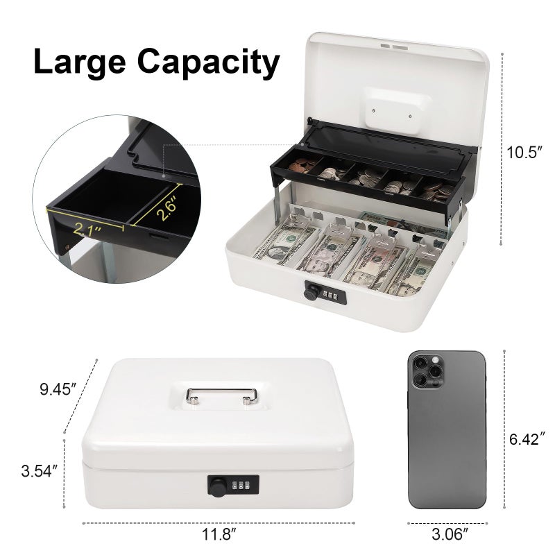 Jssmst Locking Large Metal Cash Box with Money Tray, Money Box with Combination Lock, White, SM-CB0511L - Image 3
